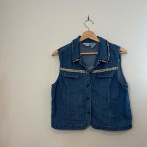 Large Capacity Petites Denim Button-Front Vest with Decorative Trim - Blue